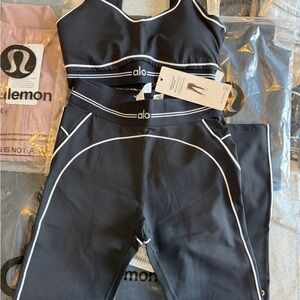 ALO Yoga Black and White Piped Leggings & Sports Bra Set